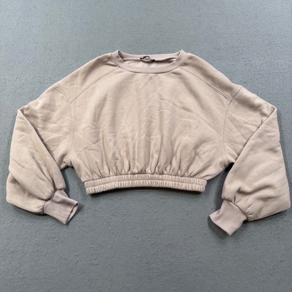 Zara Boxy Sweatshirt Women's Medium Beige Puff Sleeve Fleece Lined Cropped